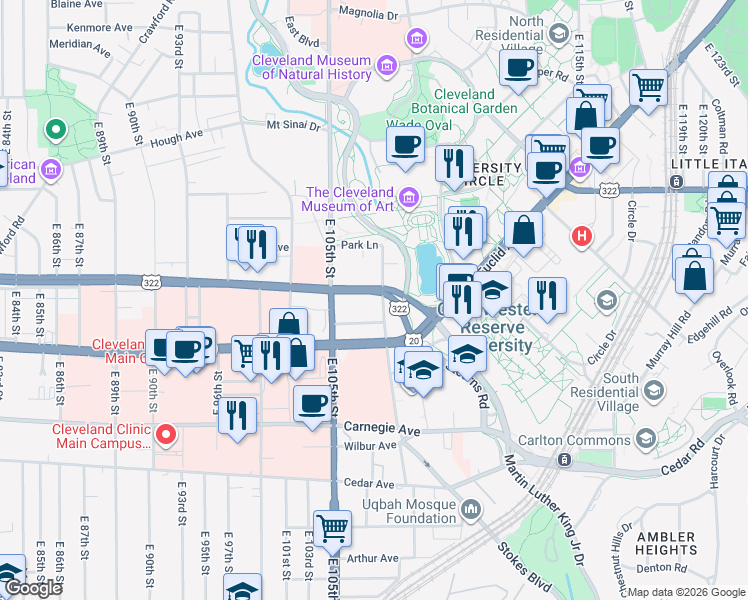 map of restaurants, bars, coffee shops, grocery stores, and more near 16000 Chester Avenue in Cleveland
