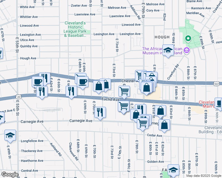 map of restaurants, bars, coffee shops, grocery stores, and more near 1963 East 71st Street in Cleveland