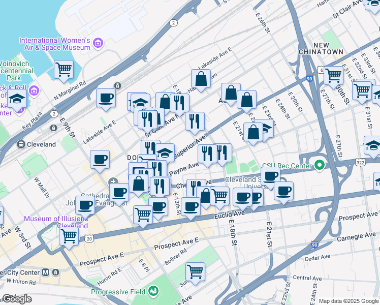 map of restaurants, bars, coffee shops, grocery stores, and more near 1550 Superior Avenue in Cleveland
