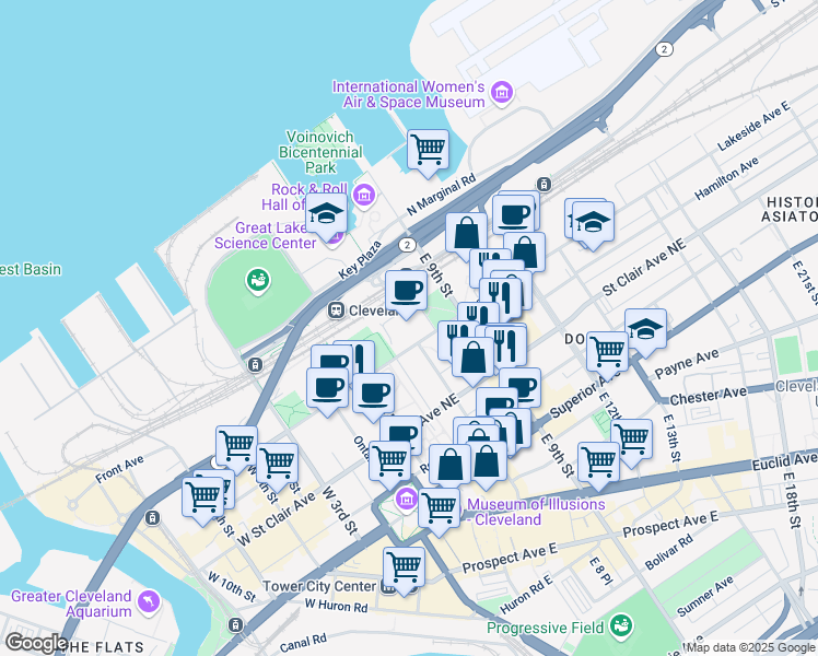 map of restaurants, bars, coffee shops, grocery stores, and more near 601 Lakeside Avenue East in Cleveland