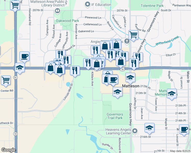 map of restaurants, bars, coffee shops, grocery stores, and more near 21136 Keeler Avenue in Matteson