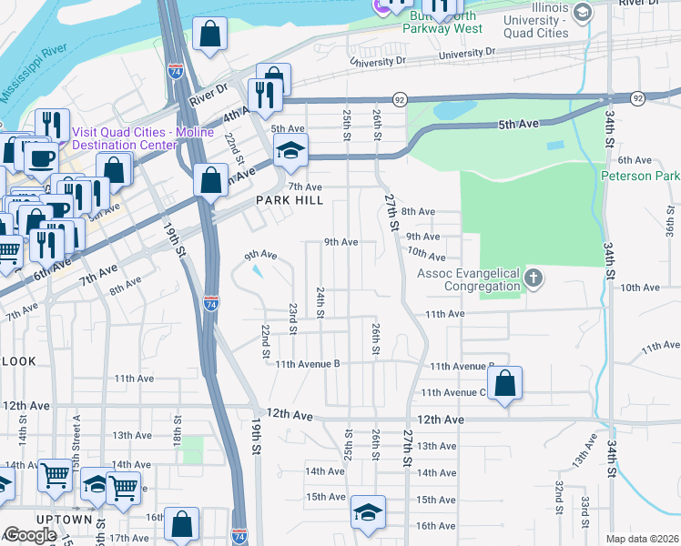 map of restaurants, bars, coffee shops, grocery stores, and more near 938 24th Street in Moline