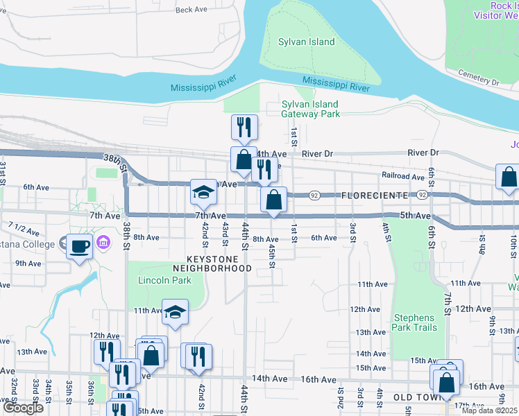 map of restaurants, bars, coffee shops, grocery stores, and more near 4401 7th Avenue in Rock Island