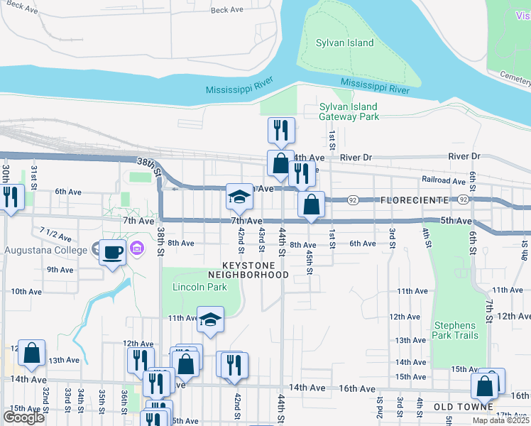 map of restaurants, bars, coffee shops, grocery stores, and more near 4303 7th Avenue in Rock Island