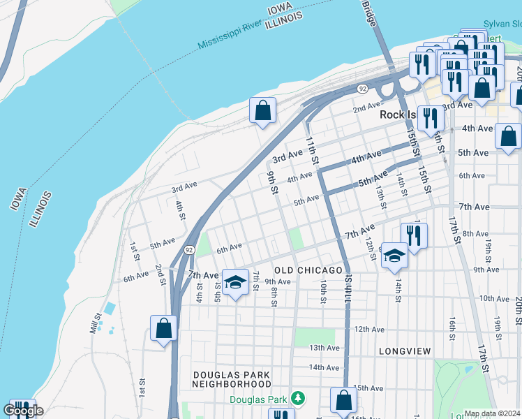 map of restaurants, bars, coffee shops, grocery stores, and more near 401-499 8th St in Rock Island