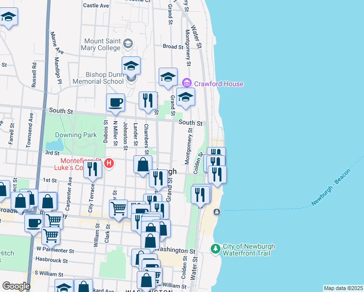 map of restaurants, bars, coffee shops, grocery stores, and more near 160A Grand Street in Newburgh