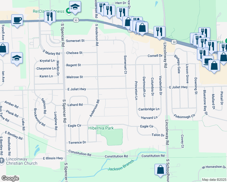 map of restaurants, bars, coffee shops, grocery stores, and more near 924 East Joliet Highway in New Lenox