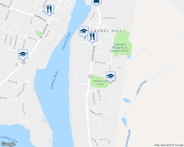 map of restaurants, bars, coffee shops, grocery stores, and more near 510 Laurel Hill Road in Norwich