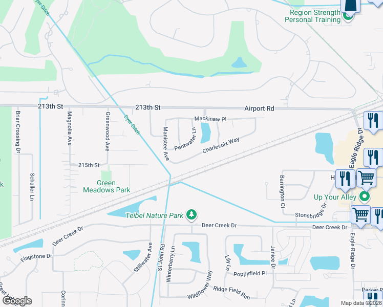 map of restaurants, bars, coffee shops, grocery stores, and more near 1440 Charlevoix Way in Schererville