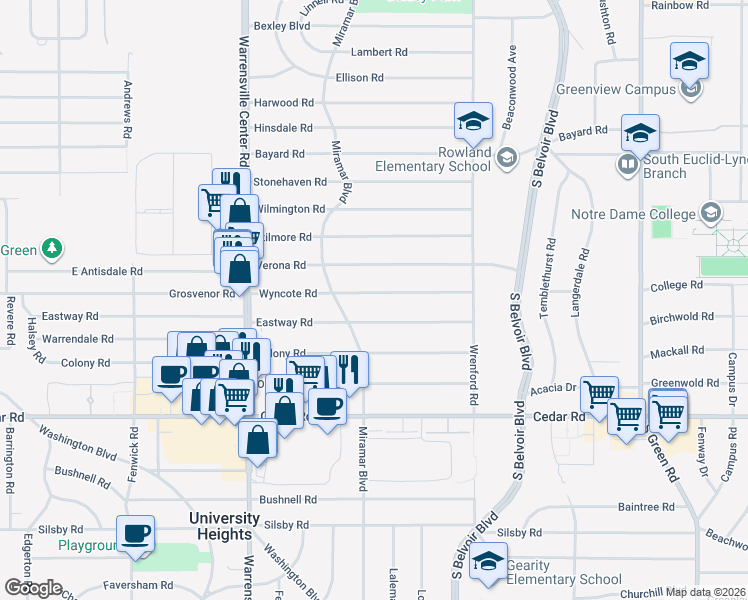map of restaurants, bars, coffee shops, grocery stores, and more near 4142 Wyncote Road in South Euclid