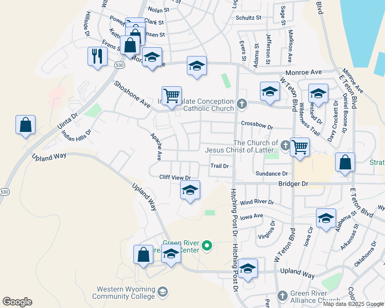 map of restaurants, bars, coffee shops, grocery stores, and more near 270 Clear View Dr in Green River