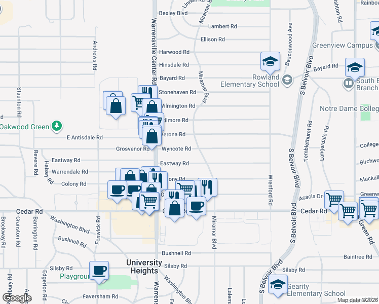map of restaurants, bars, coffee shops, grocery stores, and more near 4070 Wyncote Road in South Euclid