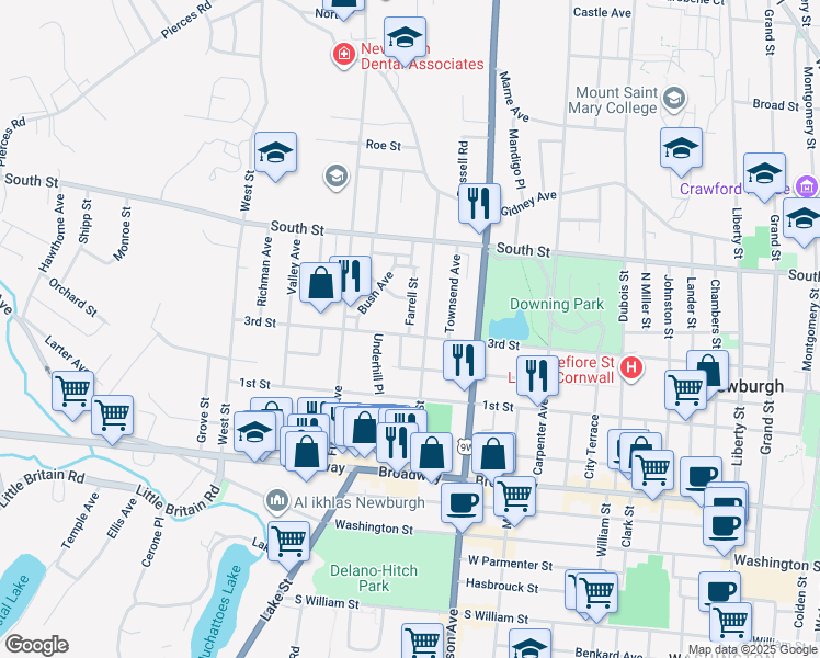 map of restaurants, bars, coffee shops, grocery stores, and more near 344 3rd Street in Newburgh