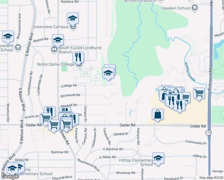 map of restaurants, bars, coffee shops, grocery stores, and more near 2021 Birchwold Road in Lyndhurst