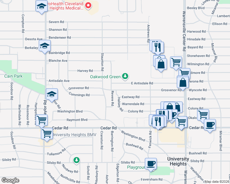 map of restaurants, bars, coffee shops, grocery stores, and more near 3724 Grosvenor Road in Cleveland Heights