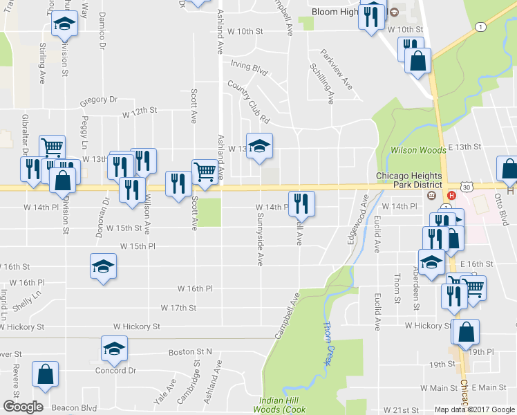 map of restaurants, bars, coffee shops, grocery stores, and more near 272 West 14th Place in Chicago Heights