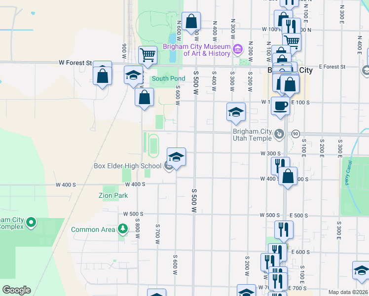 map of restaurants, bars, coffee shops, grocery stores, and more near 524 West 300 South in Brigham City