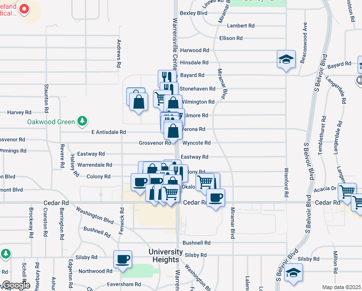 map of restaurants, bars, coffee shops, grocery stores, and more near 4016 Wyncote Road in South Euclid