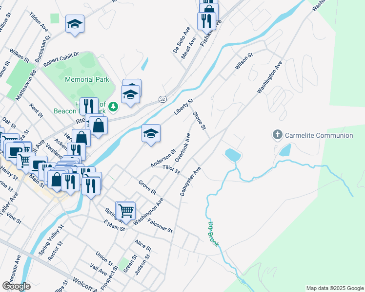 map of restaurants, bars, coffee shops, grocery stores, and more near 103 Overlook Avenue in Beacon