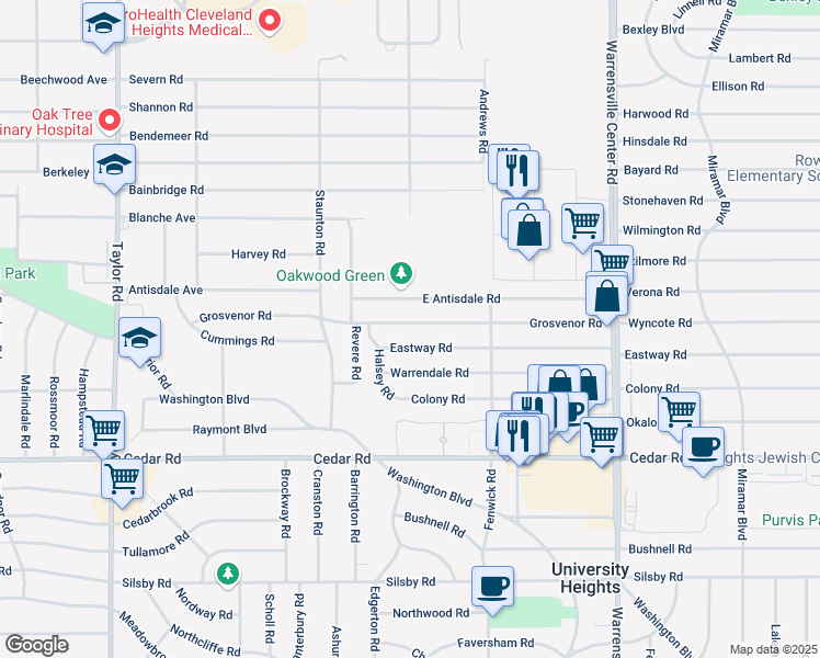 map of restaurants, bars, coffee shops, grocery stores, and more near 3774 Grosvenor Road in South Euclid
