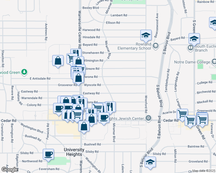 map of restaurants, bars, coffee shops, grocery stores, and more near 4102 Wyncote Road in South Euclid