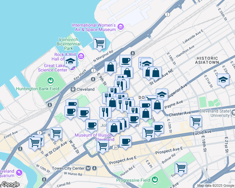 map of restaurants, bars, coffee shops, grocery stores, and more near 1121e East 10th Street in Cleveland