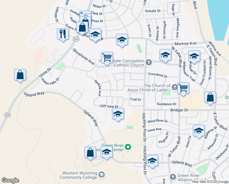 map of restaurants, bars, coffee shops, grocery stores, and more near 1220 Church View Drive in Green River