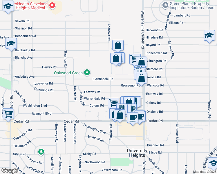 map of restaurants, bars, coffee shops, grocery stores, and more near 3852 Grosvenor Road in South Euclid