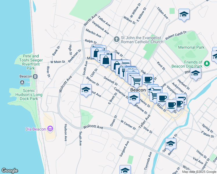 map of restaurants, bars, coffee shops, grocery stores, and more near 31 South Walnut Street in Beacon