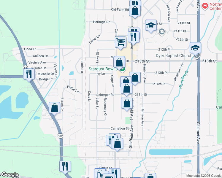 map of restaurants, bars, coffee shops, grocery stores, and more near 1440 Capri Lane in Dyer