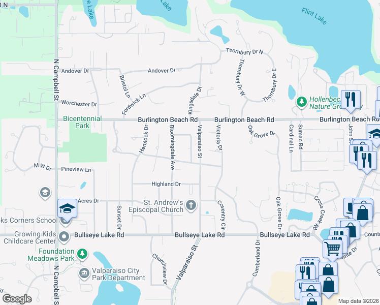 map of restaurants, bars, coffee shops, grocery stores, and more near 4003 Lancaster Drive in Valparaiso