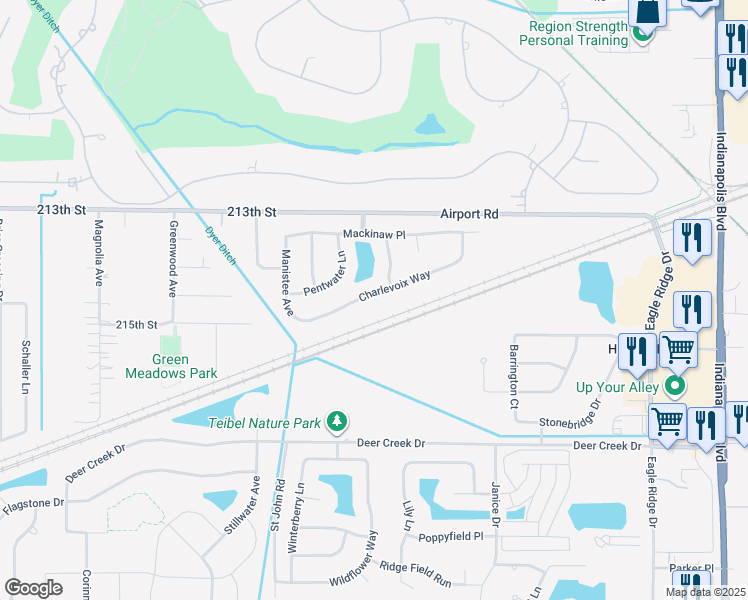 map of restaurants, bars, coffee shops, grocery stores, and more near 1407 Charlevoix Way in Schererville