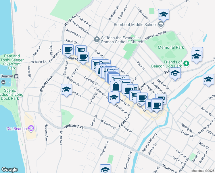 map of restaurants, bars, coffee shops, grocery stores, and more near 7-9 South Cedar Street in Beacon