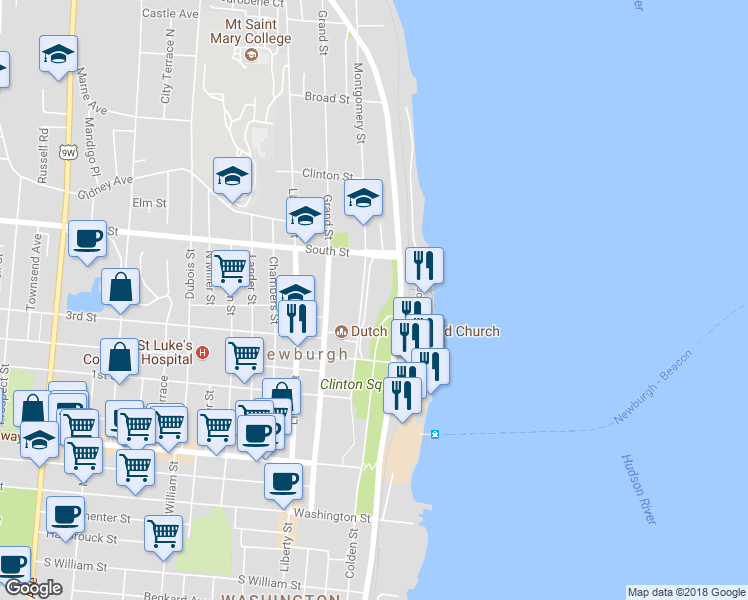 map of restaurants, bars, coffee shops, grocery stores, and more near 69 South Street in Newburgh