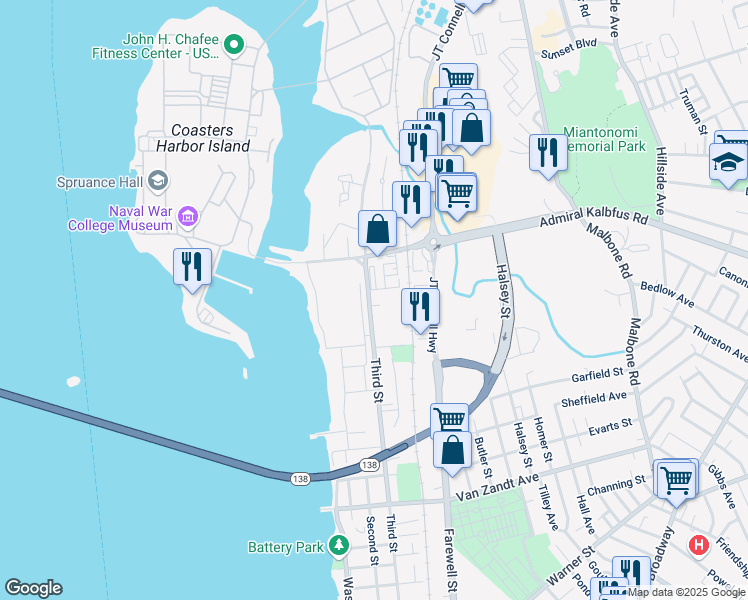 map of restaurants, bars, coffee shops, grocery stores, and more near 211 3rd Street in Newport