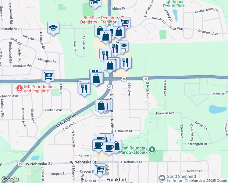 map of restaurants, bars, coffee shops, grocery stores, and more near 317 White Street in Frankfort