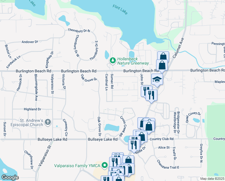 map of restaurants, bars, coffee shops, grocery stores, and more near 1304 Bobolink Road in Valparaiso