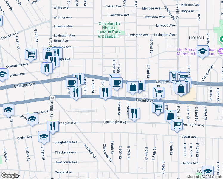 map of restaurants, bars, coffee shops, grocery stores, and more near 6709 Euclid Avenue in Cleveland