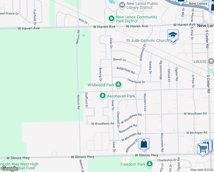 map of restaurants, bars, coffee shops, grocery stores, and more near 808 Grumman Court in New Lenox