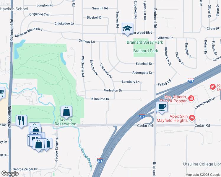 map of restaurants, bars, coffee shops, grocery stores, and more near 5453 Harleston Dr in Lyndhurst