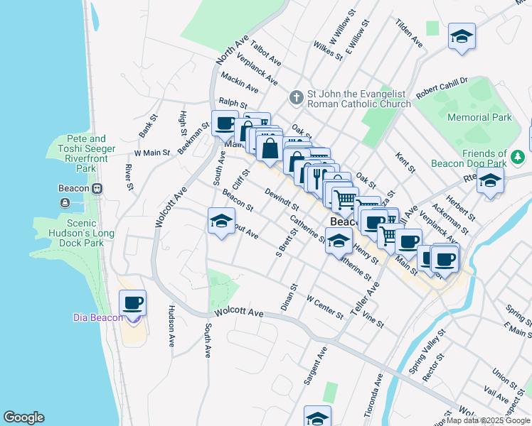 map of restaurants, bars, coffee shops, grocery stores, and more near 31 South Walnut Street in Beacon