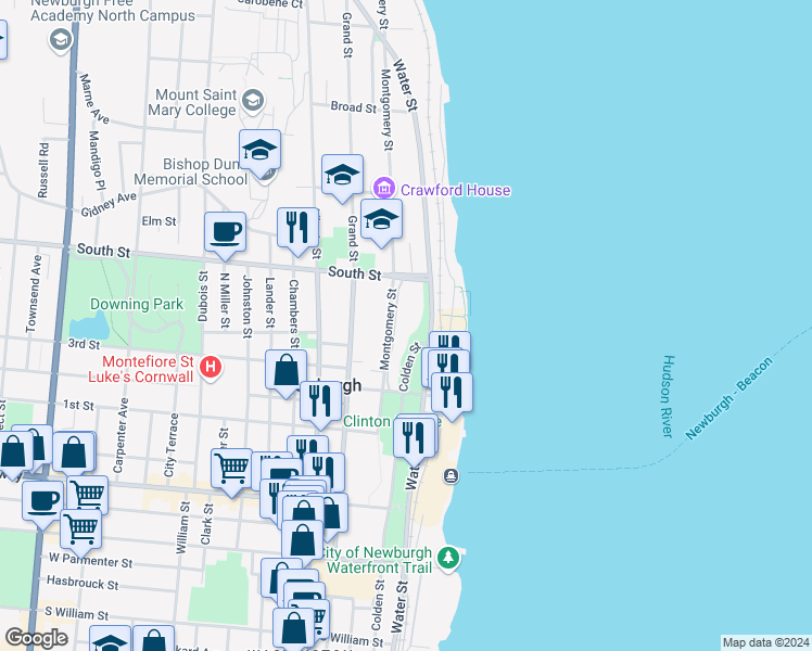 map of restaurants, bars, coffee shops, grocery stores, and more near 69 South Street in Newburgh