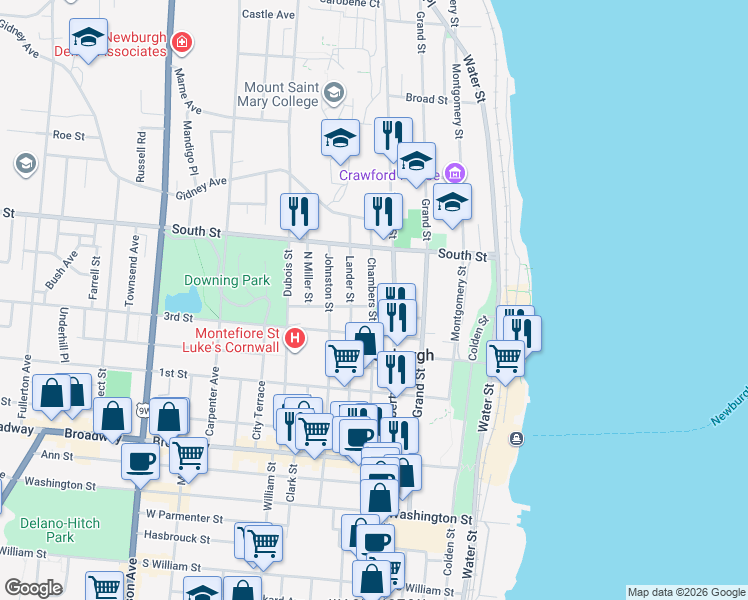 map of restaurants, bars, coffee shops, grocery stores, and more near 123 Chambers Street in Newburgh