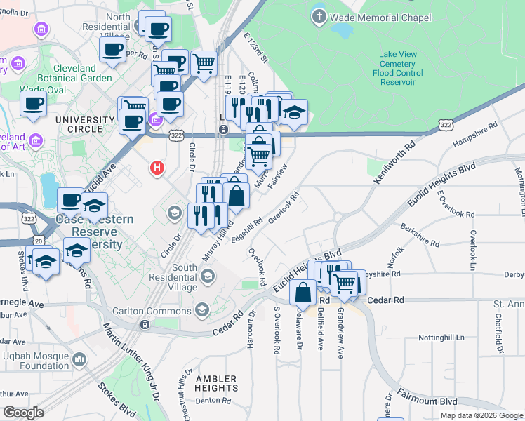 map of restaurants, bars, coffee shops, grocery stores, and more near 2327 Edgehill Road in Cleveland
