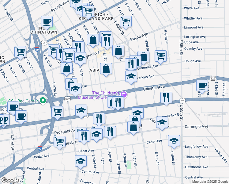 map of restaurants, bars, coffee shops, grocery stores, and more near 3711 Chester Avenue in Cleveland