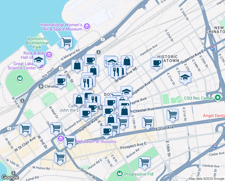 map of restaurants, bars, coffee shops, grocery stores, and more near in Cleveland