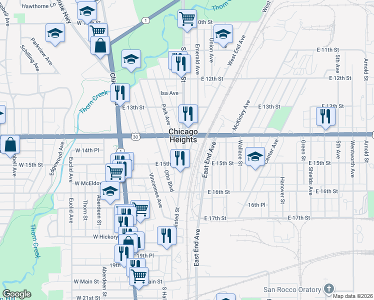 map of restaurants, bars, coffee shops, grocery stores, and more near 80 East Lincoln Highway in Chicago Heights