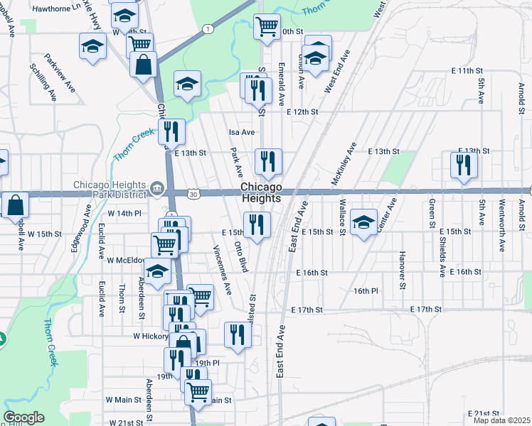 map of restaurants, bars, coffee shops, grocery stores, and more near 80 East Lincoln Highway in Chicago Heights
