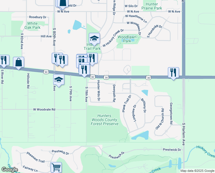 map of restaurants, bars, coffee shops, grocery stores, and more near 21170 Deerpath Road in Frankfort