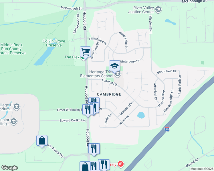 map of restaurants, bars, coffee shops, grocery stores, and more near 924 Shiloh Court in Joliet